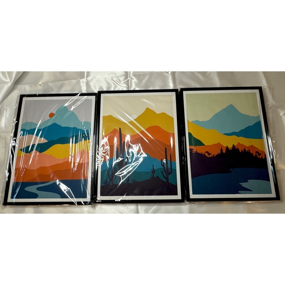 Trio Landscape Wall Art Set Western Scenry With Hanger Pins New Cactus Sunset